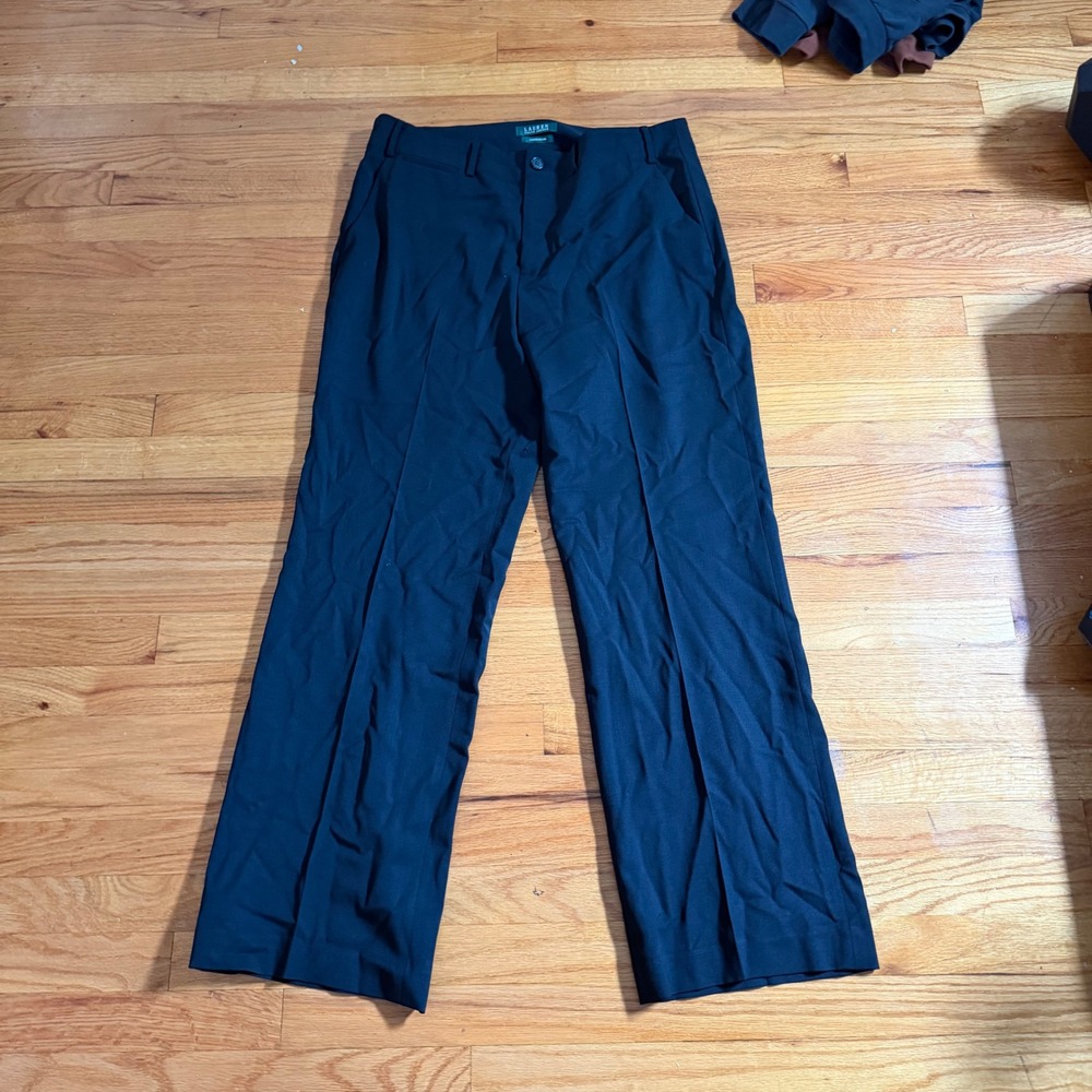 Lauren Ralph Lauren Sanderson Pants 12 Navy Blue Wool Blend Wide Leg Slacks